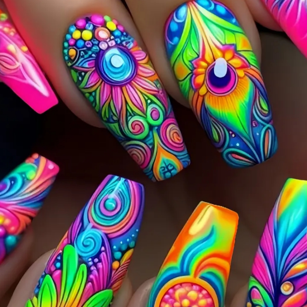 Colorful Neon Peacock Nail Sticker Wraps